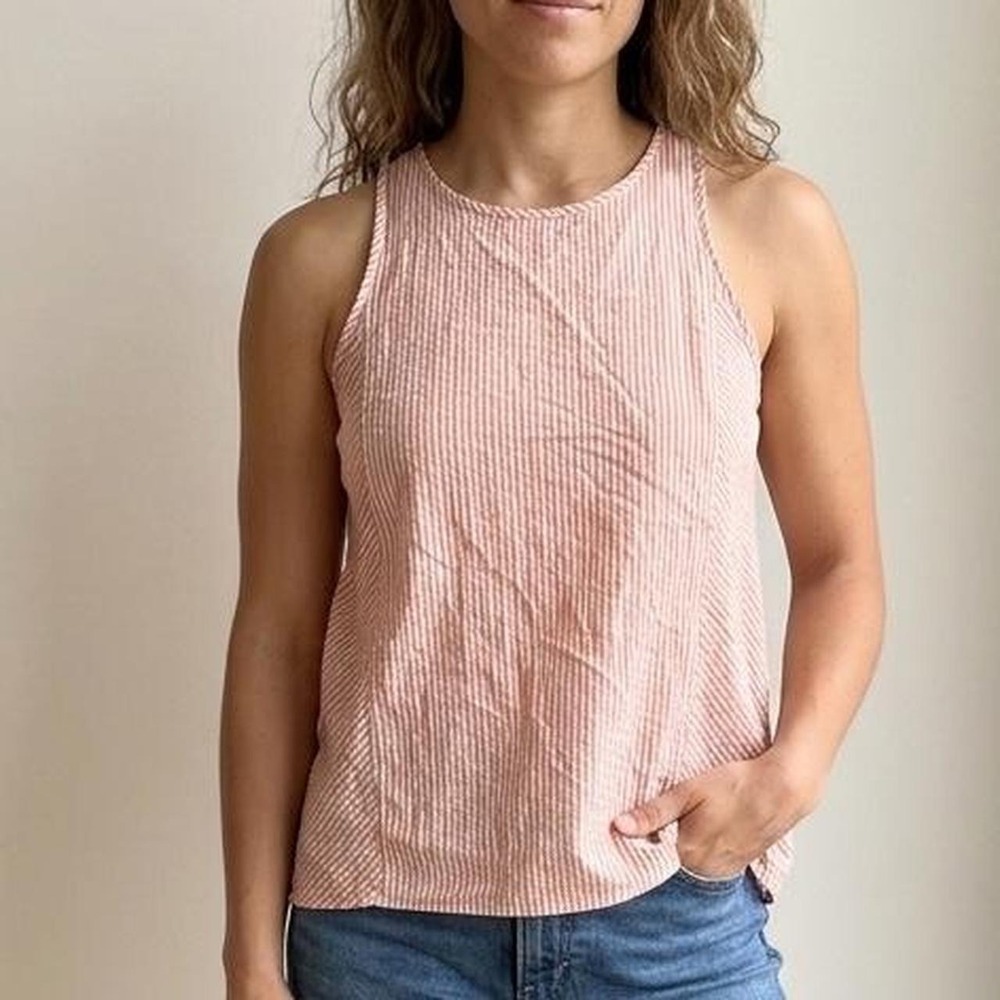 Vernacular orange striped sleeveless tank top split back buttons coastal – M